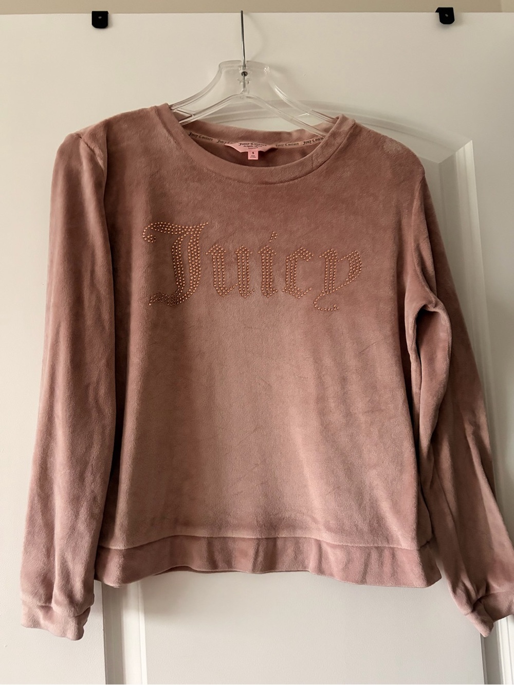 Juicy Couture Dusty Pink Rhinestone 'Juicy' Plush Crewneck
